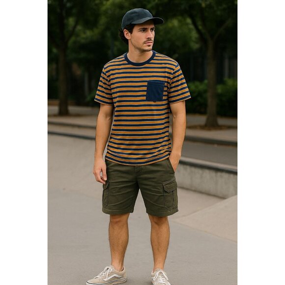 Distortion Striped Pocket T-Shirt L Navy Orange Yellow Retro Skater Streetwear T - Picture 1 of 7